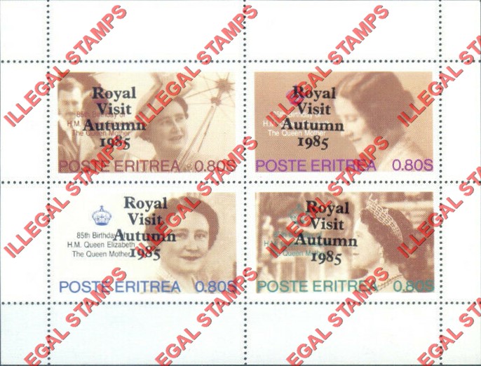 Eritrea 1985 85th Birthday of H.M. Queen Elizabeth the Queen Mother Counterfeit Illegal Stamp Souvenir Sheet of 4 with Royal Visit Overprint