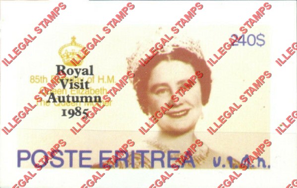 Eritrea 1985 85th Birthday of H.M. Queen Elizabeth the Queen Mother Counterfeit Illegal Stamp Souvenir Sheet of 1 with Royal Visit Overprint