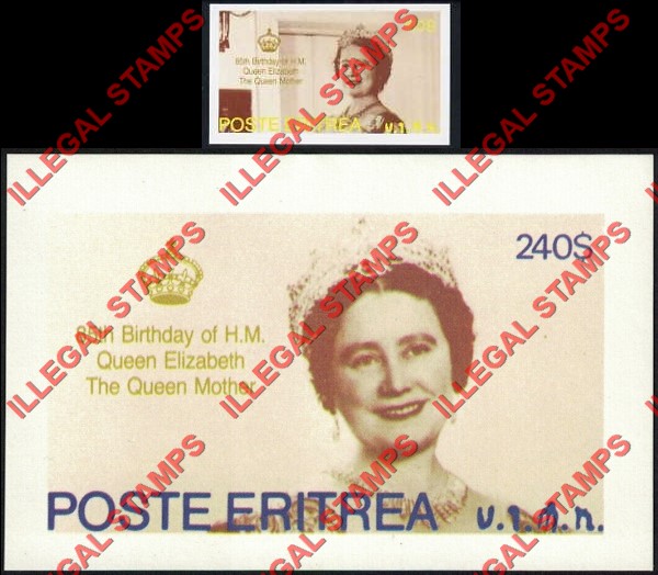 Eritrea 1985 85th Birthday of H.M. Queen Elizabeth the Queen Mother Counterfeit Illegal Stamp Souvenir Sheets of 1