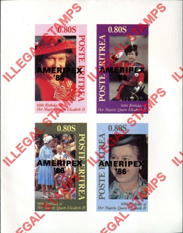 Eritrea 1986 60th Birthday of Queen Elizabeth II Counterfeit Illegal Stamp Souvenir Sheet of 4 with AMERIPEX Overprint in Black