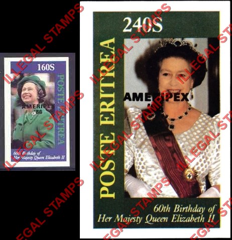 Eritrea 1986 60th Birthday of Queen Elizabeth II Counterfeit Illegal Stamp Souvenir Sheets of 1 with AMERIPEX Overprint in Black