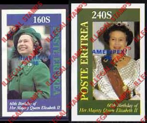 Eritrea 1986 60th Birthday of Queen Elizabeth II Counterfeit Illegal Stamp Souvenir Sheets of 1 with AMERIPEX Overprint in Blue