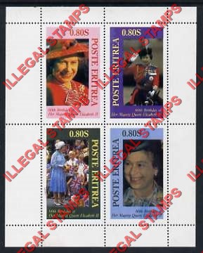 Eritrea 1986 60th Birthday of Queen Elizabeth II Counterfeit Illegal Stamp Souvenir Sheet of 4