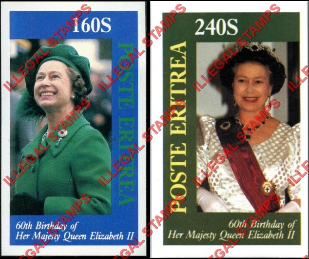 Eritrea 1986 60th Birthday of Queen Elizabeth II Counterfeit Illegal Stamp Souvenir Sheets of 1