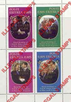Eritrea 1986 Royal Wedding Counterfeit Illegal Stamp Souvenir Sheet of 4 with Gold Duke and Duchess of York Overprint