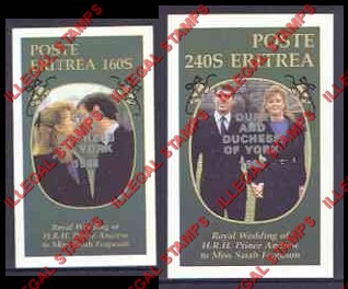 Eritrea 1986 Royal Wedding Counterfeit Illegal Stamp Souvenir Sheets of 1 with Silver Duke and Duchess of York Overprint