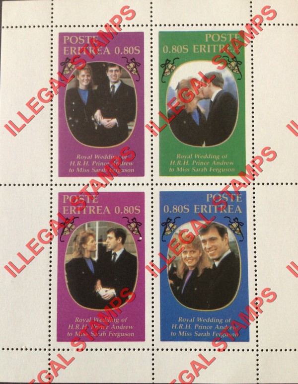 Eritrea 1986 Royal Wedding Counterfeit Illegal Stamp Souvenir Sheet of 4
