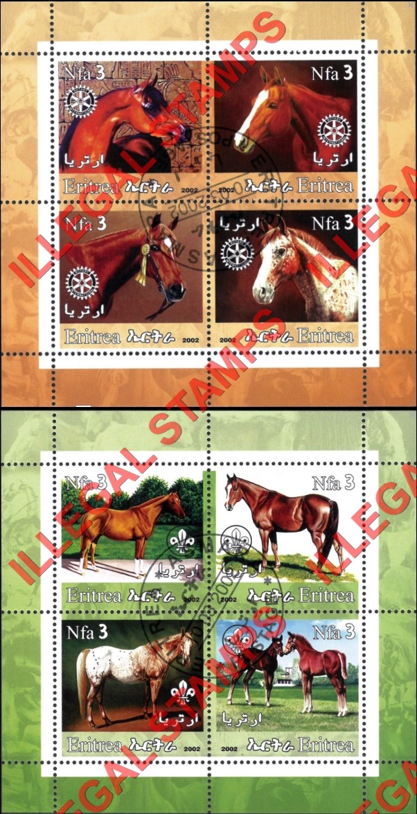 Eritrea 2002 Horses Counterfeit Illegal Stamp Souvenir Sheets of 4