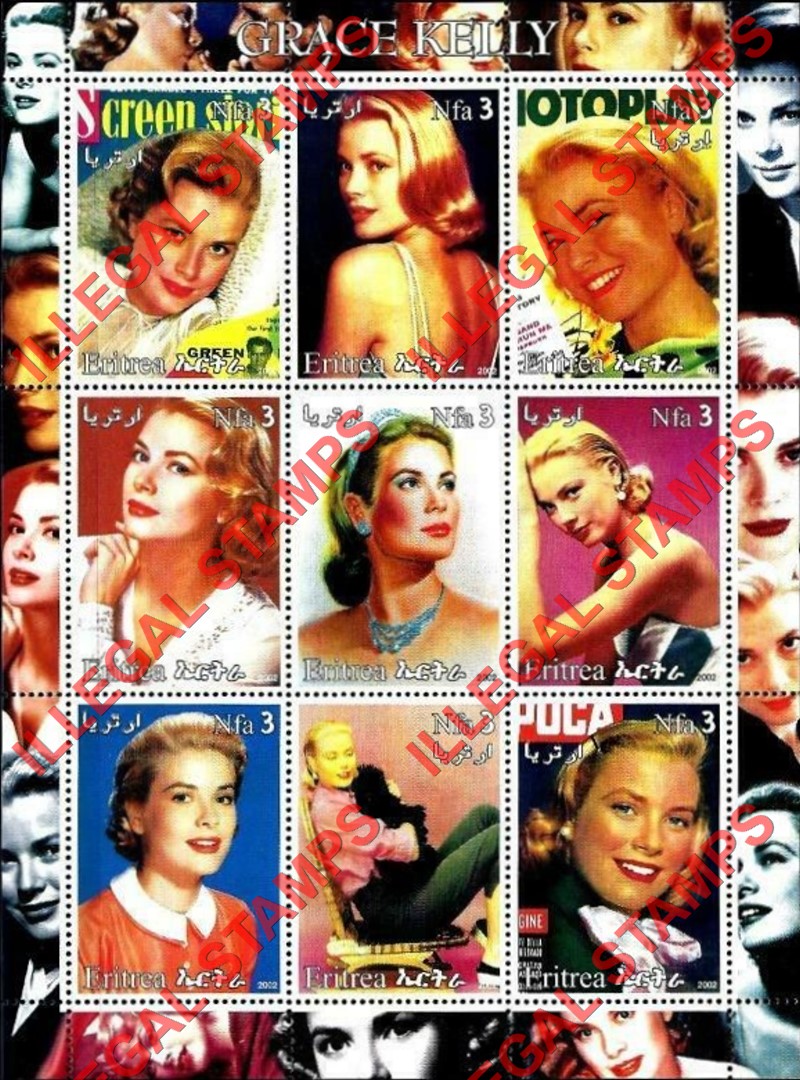 Eritrea 2002 Grace Kelly Counterfeit Illegal Stamp Souvenir Sheet of 9