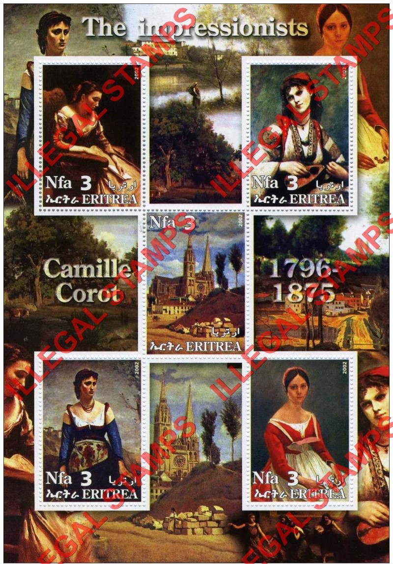 Eritrea 2002 Impressionists Paintings Camille Corot Counterfeit Illegal Stamp Souvenir Sheet of 5