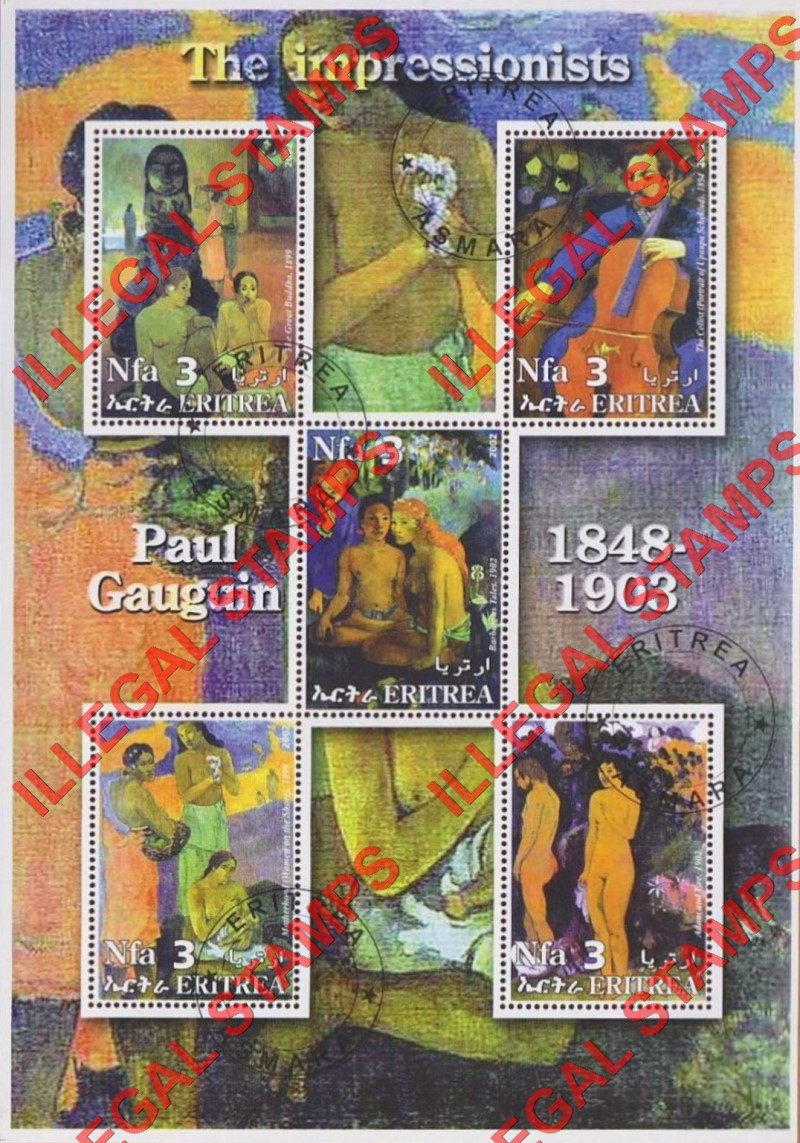 Eritrea 2002 Impressionists Paintings Paul Gauguin Counterfeit Illegal Stamp Souvenir Sheet of 5