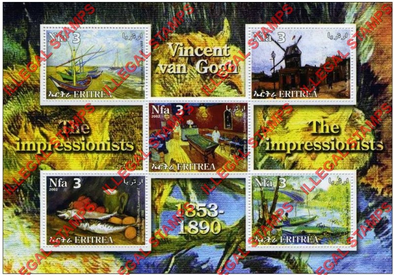 Eritrea 2002 Impressionists Paintings Vincent van Gogh Counterfeit Illegal Stamp Souvenir Sheet of 5