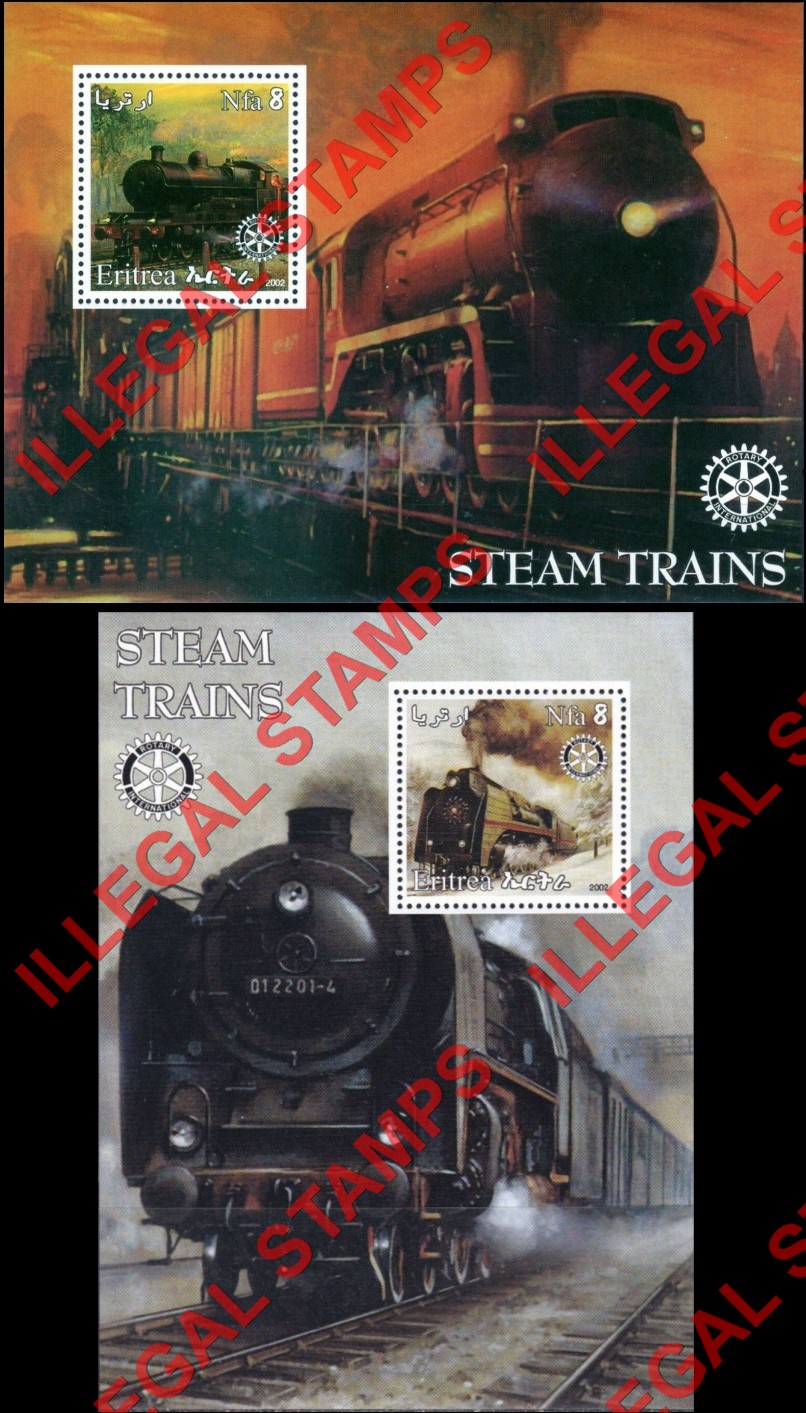 Eritrea 2002 Steam Trains Counterfeit Illegal Stamp Souvenir Sheets of 1