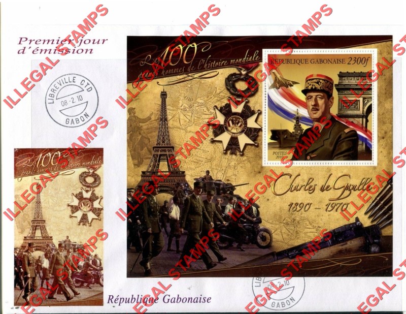 Gabon 2010 Charles de Gaulle Illegal Stamp Souvenir Sheet of 1 on Fake First Day Cover