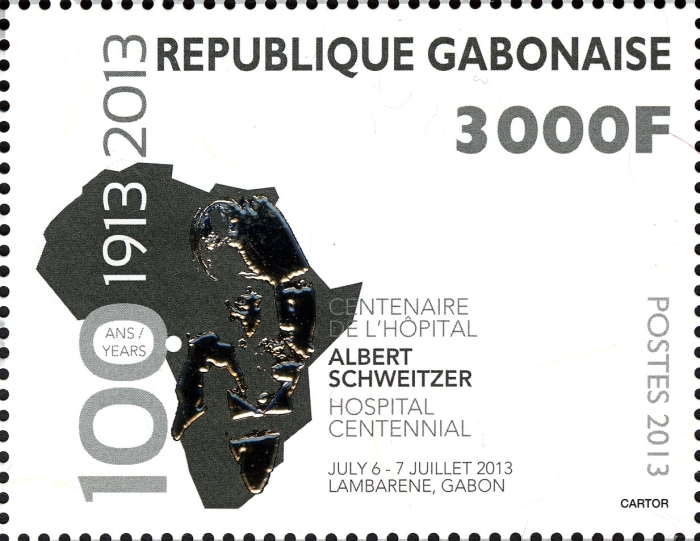Gabon 2013 Albert Schweitzer Hospital Centennial 3000F From Souvenir Sheet with Real Silver