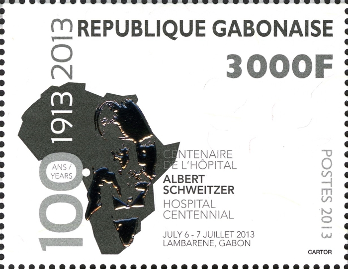 Gabon 2013 Albert Schweitzer Hospital Centennial 3000F From Souvenir Sheet with Simulated Silver