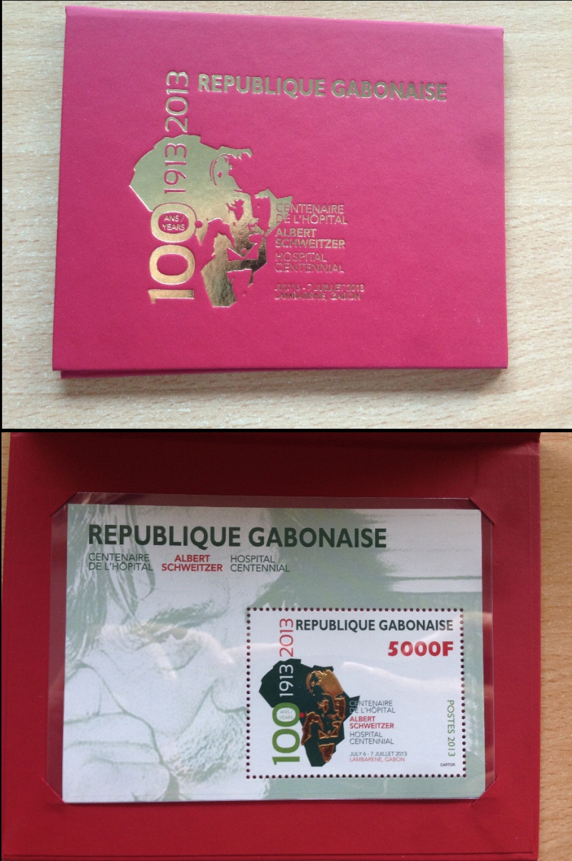 Gabon 2013 Albert Schweitzer Hospital Centennial 5000F Souvenir Sheet with Gold in Presentation Folder