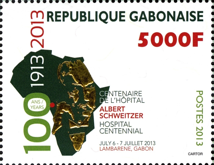 Gabon 2013 Albert Schweitzer Hospital Centennial 5000F From Souvenir Sheet with Real Gold