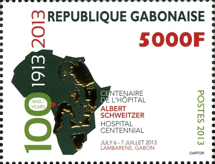 Gabon 2013 Albert Schweitzer Hospital Centennial 5000F From Souvenir Sheet with Simulated Gold