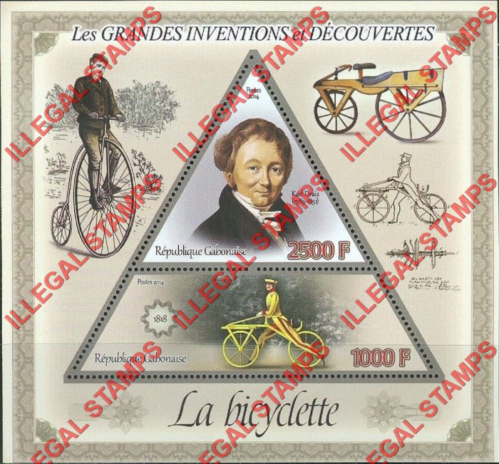 Gabon 2014 Great Inventions and Discoveries Bicycle Karl Drais Illegal Stamp Souvenir Sheet of 2