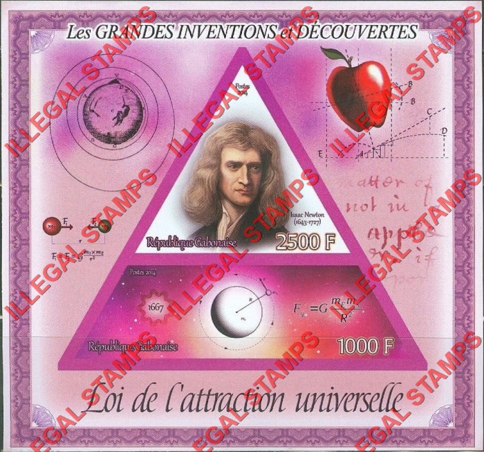 Gabon 2014 Great Inventions and Discoveries Law of Universal Attraction Isaac Newton Illegal Stamp Souvenir Sheet of 2