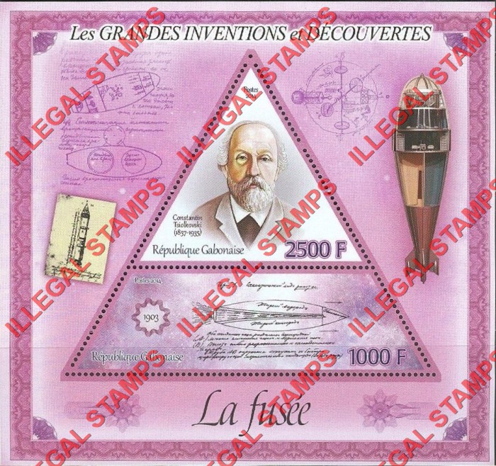 Gabon 2014 Great Inventions and Discoveries Rocket Constantin Tsiolkovski Illegal Stamp Souvenir Sheet of 2