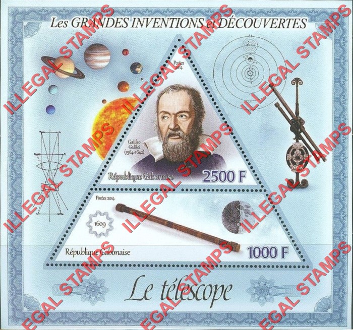 Gabon 2014 Great Inventions and Discoveries Telescope Galileo Galilei Illegal Stamp Souvenir Sheet of 2