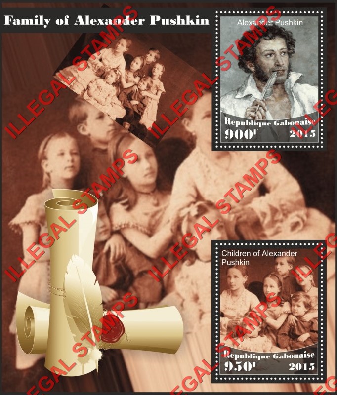 Gabon 2015 Alexander Pushkin Family Illegal Stamp Souvenir Sheet of 2