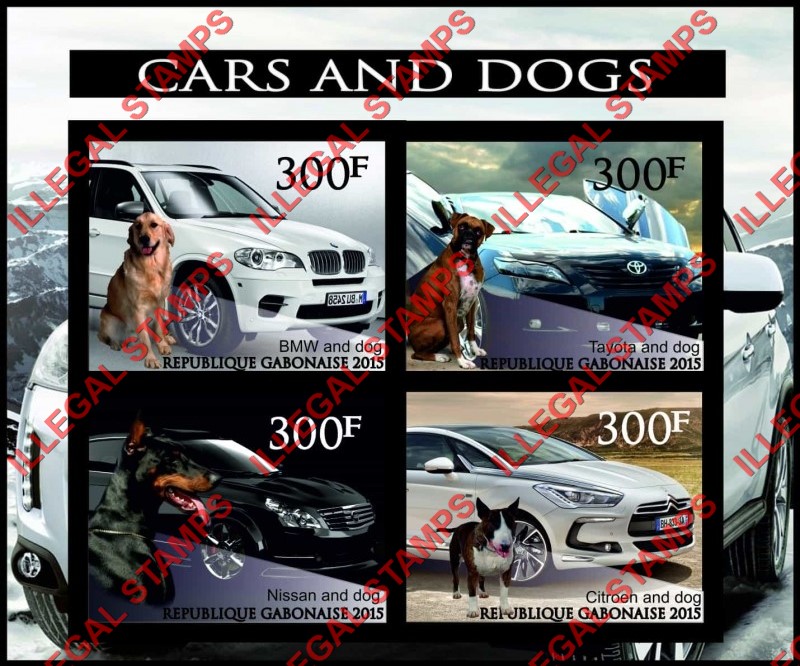 Gabon 2015 Cars and Dogs Illegal Stamp Souvenir Sheet of 4