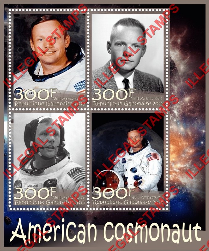 Gabon 2015 Space Neil Armstrong American Cosmonaut Illegal Stamp Souvenir Sheet of 4