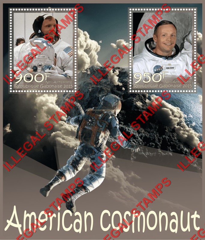 Gabon 2015 Space Neil Armstrong American Cosmonaut Illegal Stamp Souvenir Sheet of 2