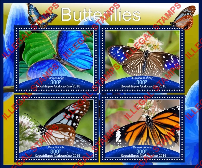 Gabon 2016 Butterflies (different) Illegal Stamp Souvenir Sheet of 4