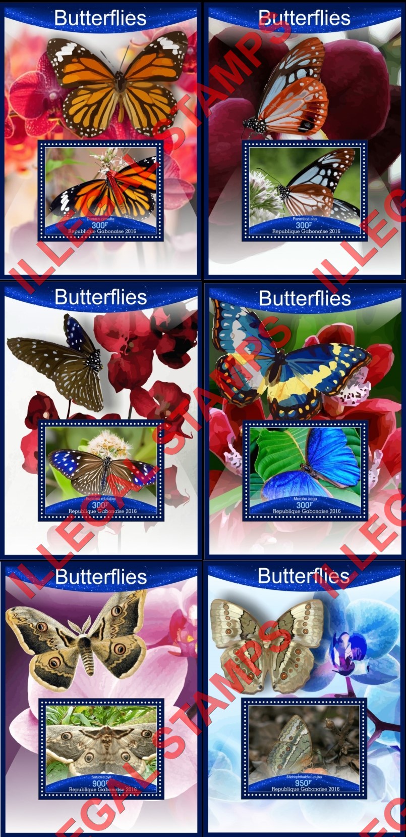 Gabon 2016 Butterflies (different) Illegal Stamp Souvenir Sheets of 1