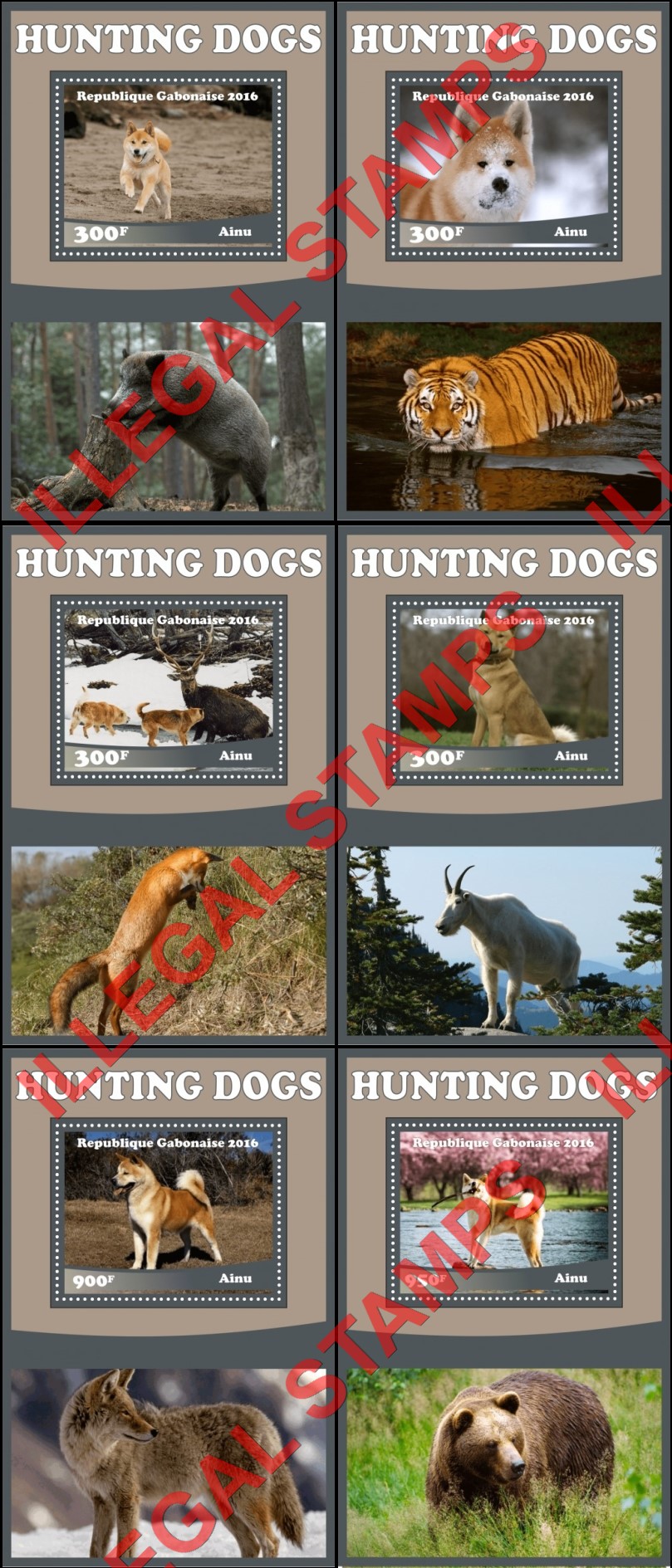 Gabon 2016 Dogs Hunting Ainu (different c) Illegal Stamp Souvenir Sheets of 1