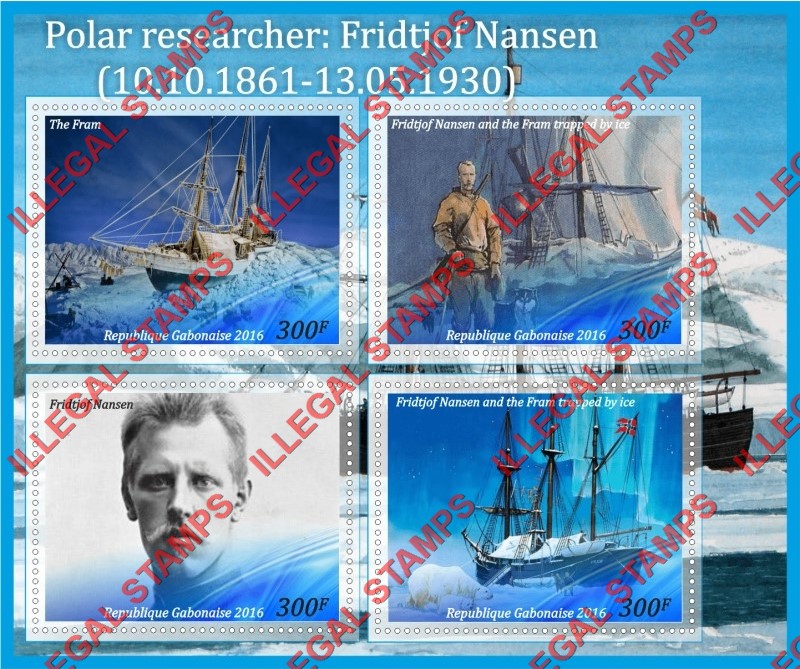 Gabon 2016 Fridtjof Nansen Polar Researcher Illegal Stamp Souvenir Sheet of 4