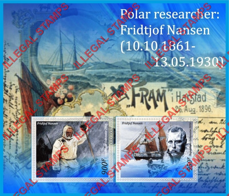 Gabon 2016 Fridtjof Nansen Polar Researcher Illegal Stamp Souvenir Sheet of 2