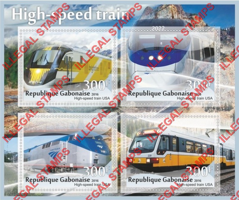 Gabon 2016 High Speed Trains Illegal Stamp Souvenir Sheet of 4