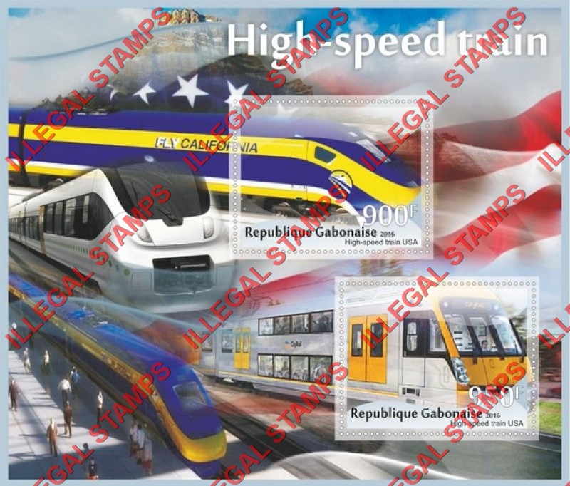 Gabon 2016 High Speed Trains Illegal Stamp Souvenir Sheet of 2