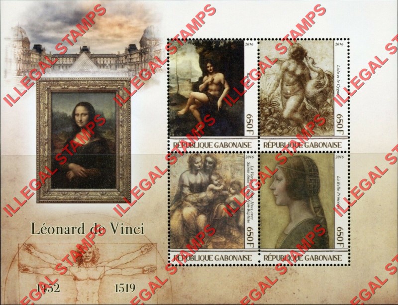 Gabon 2016 Paintings by Leonardo de Vinci Illegal Stamp Souvenir Sheet of 4