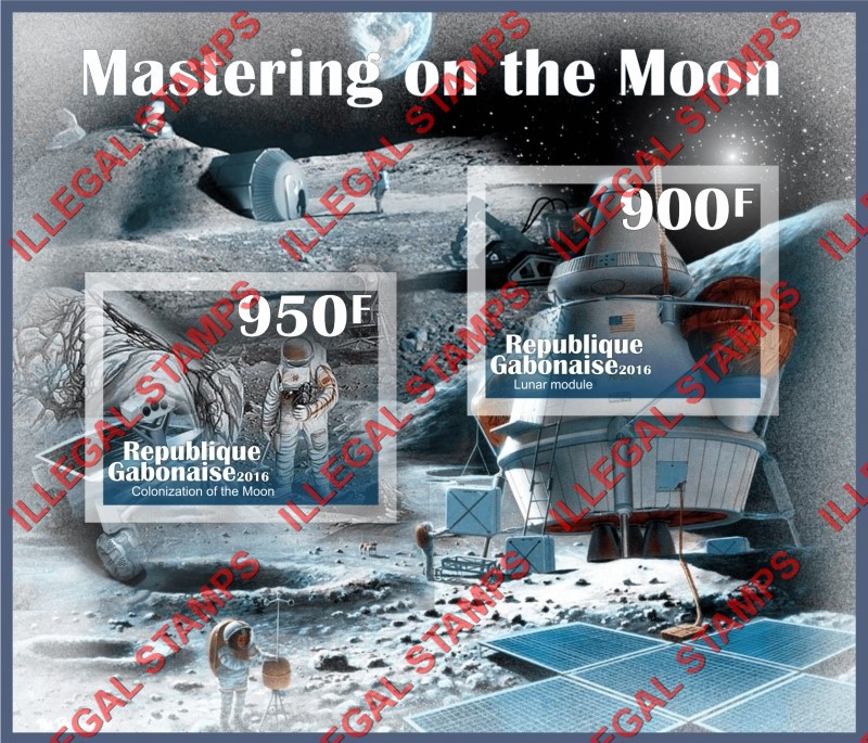 Gabon 2016 Space Mastering on the Moon Illegal Stamp Souvenir Sheet of 2