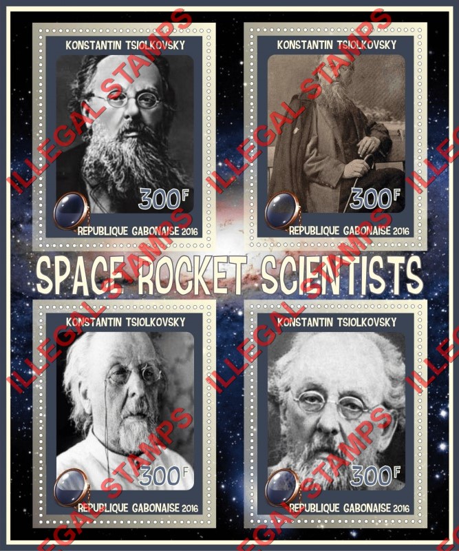 Gabon 2016 Space Rocket Scientists Konstantin Tsiolkovsky Illegal Stamp Souvenir Sheet of 4