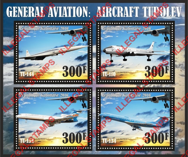 Gabon 2016 Tupolev Aircraft (different) Illegal Stamp Souvenir Sheet of 4
