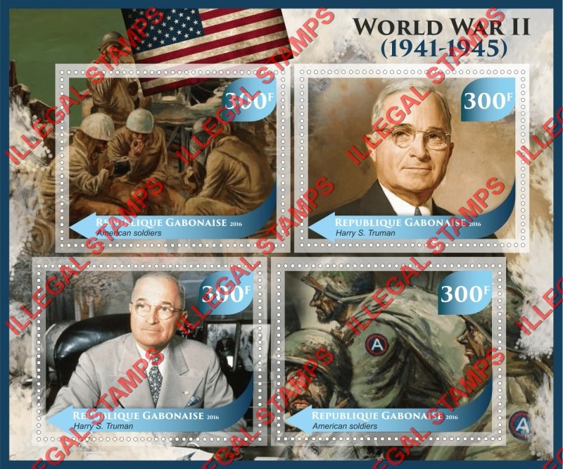 Gabon 2016 World War II (different) Illegal Stamp Souvenir Sheet of 4