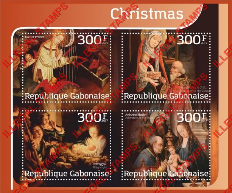 Gabon 2017 Christmas Paintings Illegal Stamp Souvenir Sheet of 4