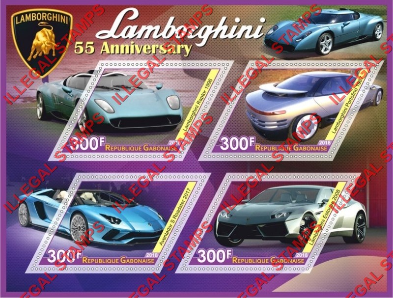 Gabon 2018 Cars Lamborghini (different) Illegal Stamp Souvenir Sheet of 4