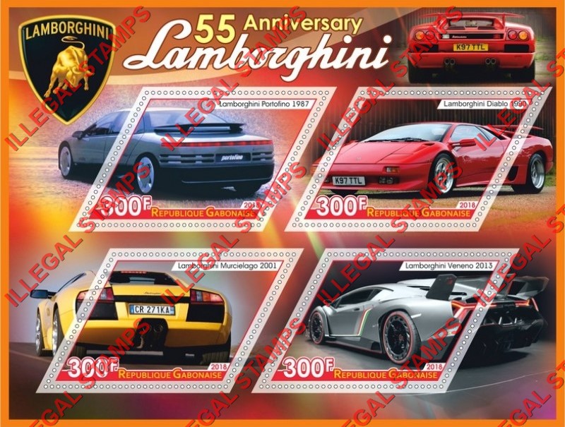 Gabon 2018 Cars Lamborghini Illegal Stamp Souvenir Sheet of 4