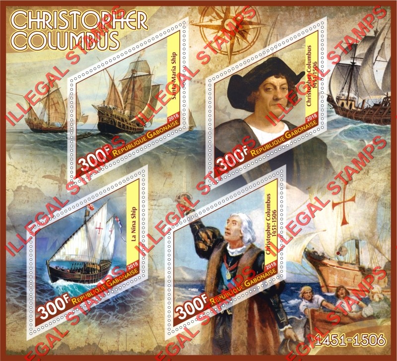 Gabon 2018 Christopher Columbus Illegal Stamp Souvenir Sheet of 4