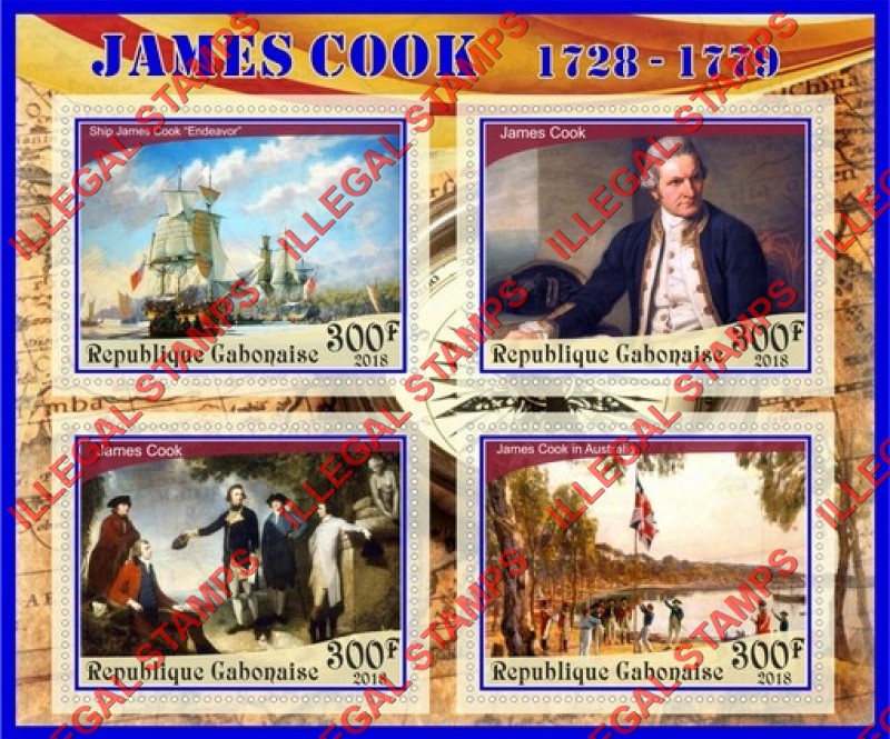 Gabon 2018 James Cook Illegal Stamp Souvenir Sheet of 4