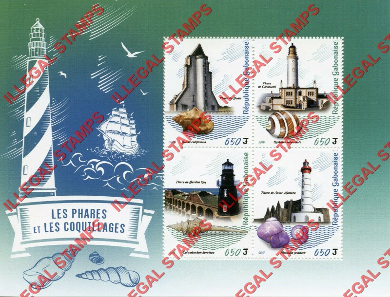 Gabon 2018 Lighthouses and Shells Illegal Stamp Souvenir Sheet of 4