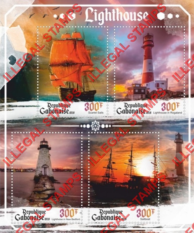 Gabon 2018 Lighthouses and Sailing Ships Illegal Stamp Souvenir Sheet of 4
